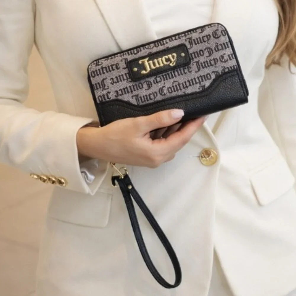 Juicy Couture Signature Monogram Zip-Around Wristlet Wallet Black & Gold Logo